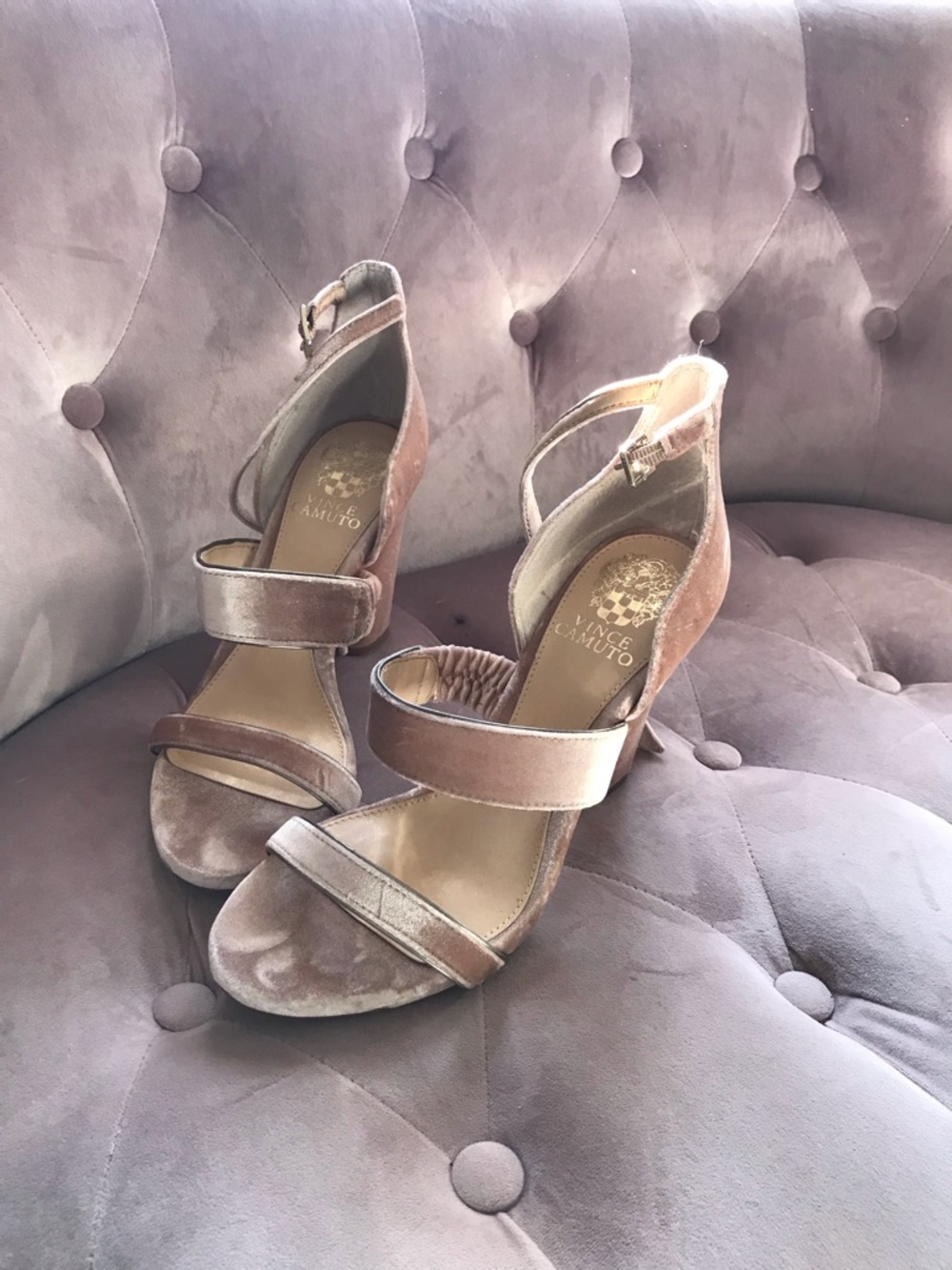 Vince Camuto Pink Velvet Strappy Block Heel Sandals